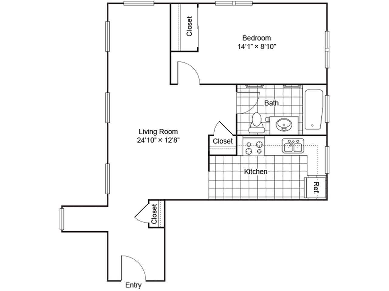 One Bedroom apartment plan with living room, bath, and kitchen