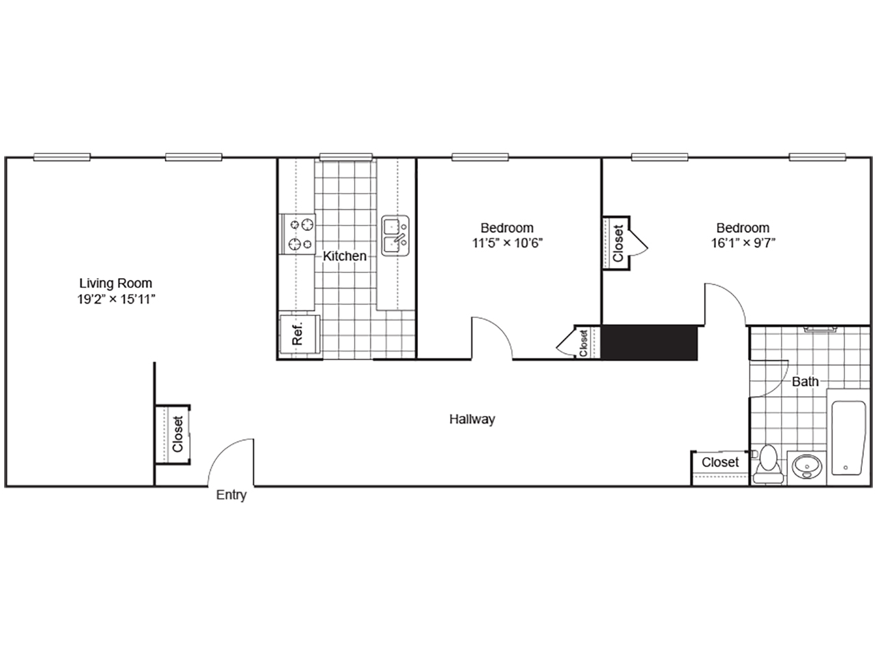 Two bedroom apartment with bath, kitchen, and living room